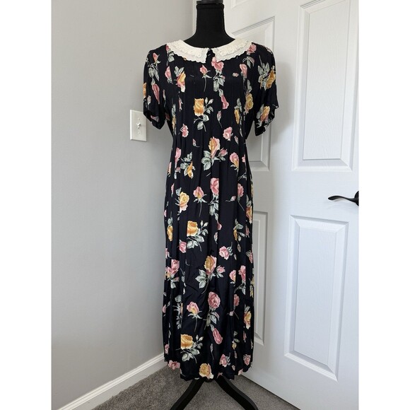 Vtg Floral Tea Dress 12 Battenburg Lace Pearl Collar Cottage Grandma Modest Twee - Picture 1 of 14